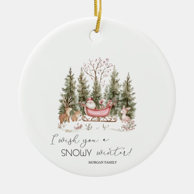 Ornamento De Cerâmica Papai Noel, Sleigh, Apresenta o Natal da Floresta (Frente)