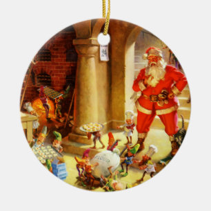 Ornamento De Cerâmica Papai Noel supervisiona seus duendes cozer