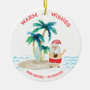 Ornamento De Cerâmica Papai Noel Surfando no Natal na Praia Tropical Des