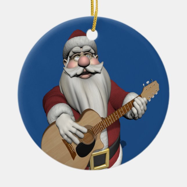 Ornamento De Cerâmica Papai Noel Tocando Canções De Natal Em Seu Violão (Frente)