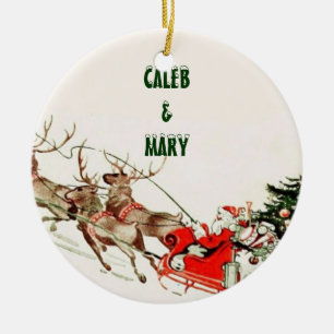 Ornamento De Cerâmica Papai noel trenó e rena do vintage na neve