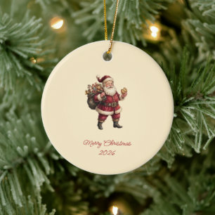 Ornamento De Cerâmica Papai Noel Vintage com Saco de Brinquedos e Doce D