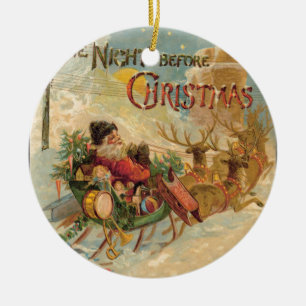 Ornamento De Cerâmica Papai Noel vintage em seu trenó de rena