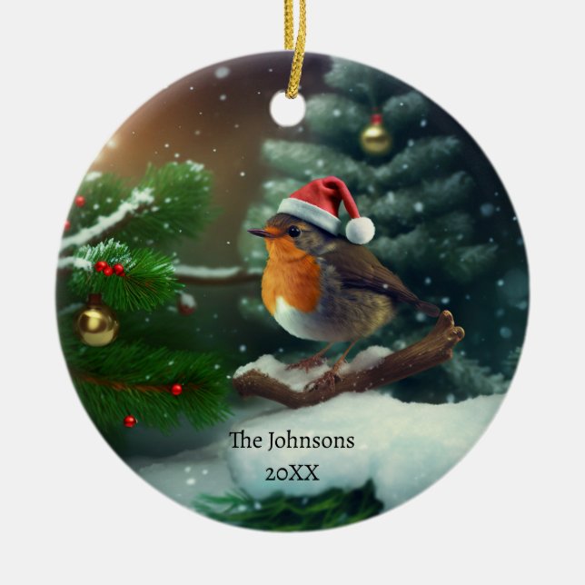 Ornamento De Cerâmica Papais noeis bonitos Robin com texto personalizado (Frente)