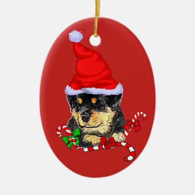 Ornamento De Cerâmica Papais noeis bonitos Rottweiler Puppy Natal (Frente)