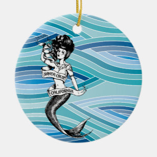 Ornamento De Cerâmica Papais noeis Cruz California Mermaid