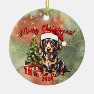 Ornamento De Cerâmica Papais noeis Dachshund Abre Presentes:
