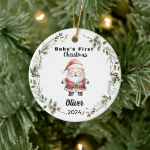 Ornamento De Cerâmica Papais noeis de Aquarela para Bebê Personalizado e