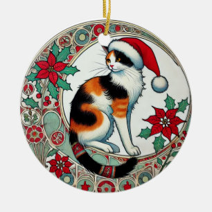 Ornamento De Cerâmica Papais noeis de gato Calico de Natal