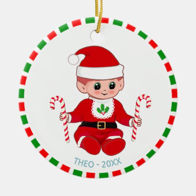 Ornamento De Cerâmica Papais noeis de Natal bonitos Bebê Elf e Canas Doc (Frente)