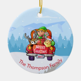 Ornamento De Cerâmica Papais noeis de Natal de Caminhão Vermelho Bonito,