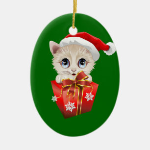 Ornamento De Cerâmica Papais noeis de Natal de Kitten com presentes