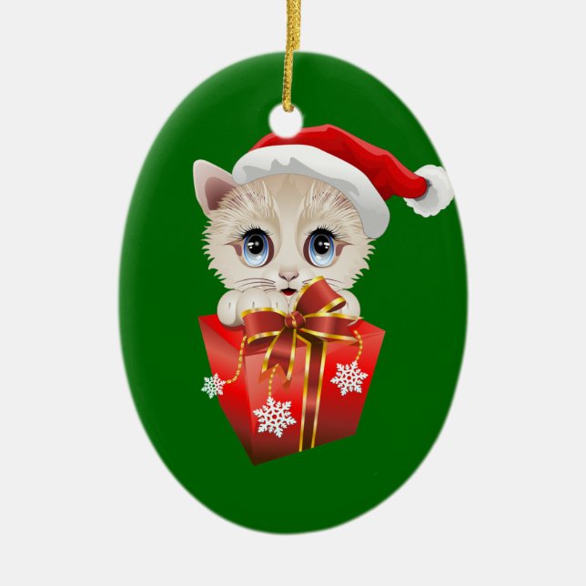 Ornamento De Cerâmica Papais noeis de Natal de Kitten com presentes (Frente)