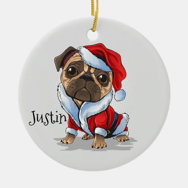 Ornamento De Cerâmica Papais noeis de Natal Pug (Frente)