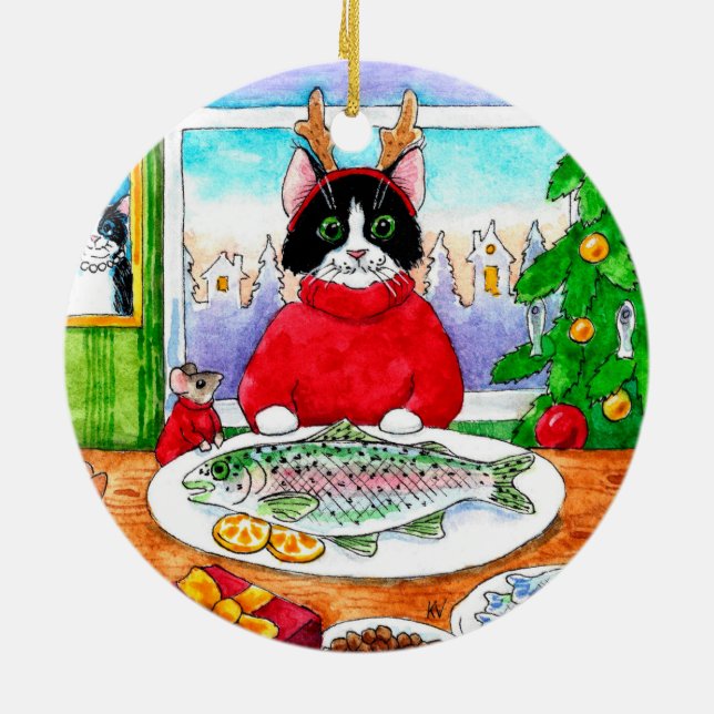Ornamento De Cerâmica Papais noeis de Natal Raio de inverno Tuxedo Cat (Traseira)
