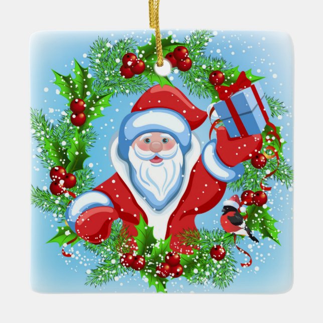 Ornamento De Cerâmica Papais noeis de Natal Wreath Cerâmica (Frente)