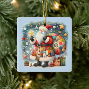 Ornamento De Cerâmica Papais noeis de retalhos com estrelas de Natal