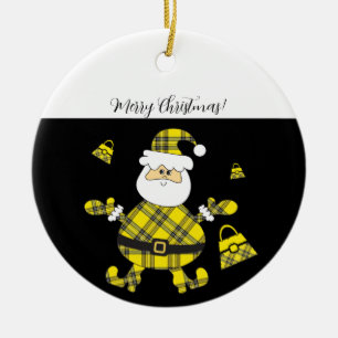 Ornamento De Cerâmica Papais noeis de Tartan Amarelo Feliz