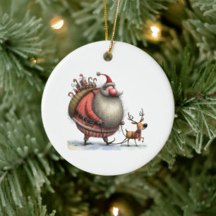 Ornamento De Cerâmica Papais noeis divertidos com uma Reindeer e present