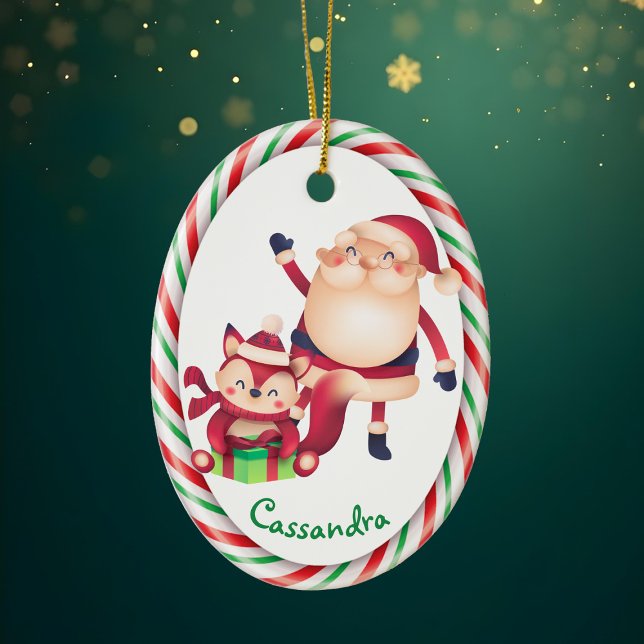 Ornamento De Cerâmica Papais noeis e Fox Candy Cane Frame (Criador carregado)