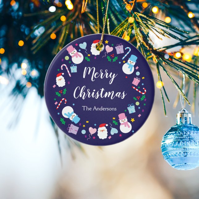 Ornamento De Cerâmica Papais noeis elegantes Snowman Candy Cane Wreath d (Criador carregado)