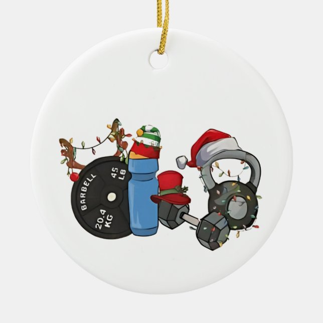 Ornamento De Cerâmica Papais noeis Engraçados Sentindo Dumbbeldes Envolv (Frente)