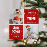 Ornamento De Cerâmica Papais noeis, Feliz Feliz Feliz Natal 4<br><div class="desc">Enfeites de natal Engraçado de Colagem de Fotos de Cachorro. Design apresenta 4 fotos de sua escolha, divertida e festiva canalha dizendo 'Feliz Howl-Sextas-feiras, Papais noeis, Pinças de Jingle e Papai noel Yelper! Uma camada de neve sobre as fotografias para lhe dar uma sensação de inverno e personalizar com a...</div>