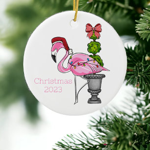 Ornamento De Cerâmica Papais noeis Flamingo Rosa Personalizados