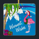 Ornamento De Cerâmica Papais noeis Fofos Personalizados Flamingo Beach C<br><div class="desc">Este ornamento de árvore de Natal mais quente apresenta palmeiras decoradas com luzes de Natal e um flamingo vestindo um chapéu de Papai Noel colocado contra um fundo legal de praia de abstrato azul e branco. Ele pode ser personalizado com um nome, ano ou qualquer texto que você queira adicionar....</div>