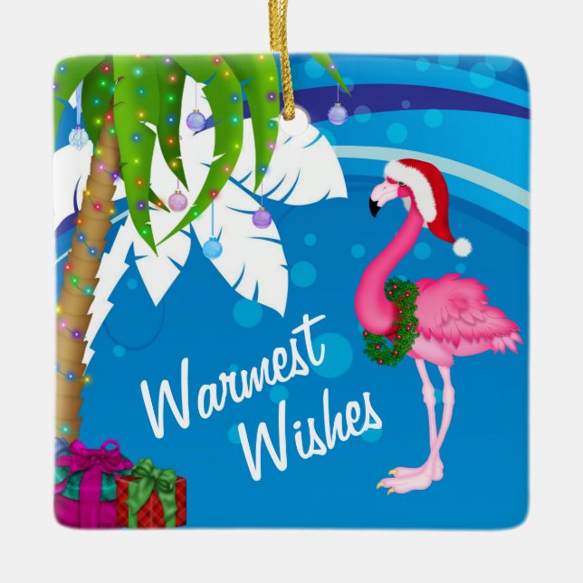 Ornamento De Cerâmica Papais noeis Fofos Personalizados Flamingo Beach C (Frente)
