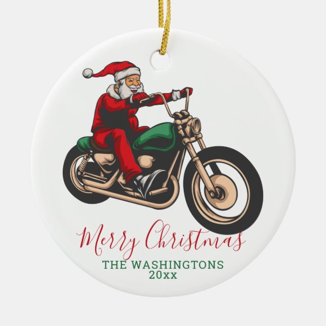 Ornamento De Cerâmica Papais noeis personalizados Biker Natal (Frente)