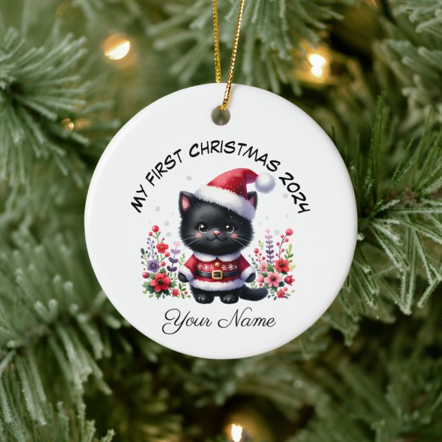 Ornamento De Cerâmica Papais noeis personalizados Black Kitten Primeiro  (Árvore)