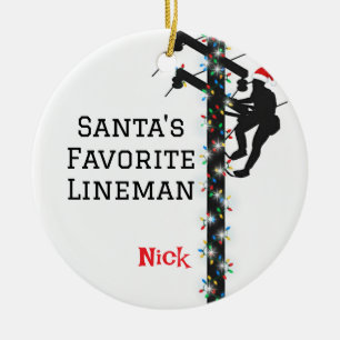 Ornamento De Cerâmica Papais noeis Personalizados Lineman Favorito