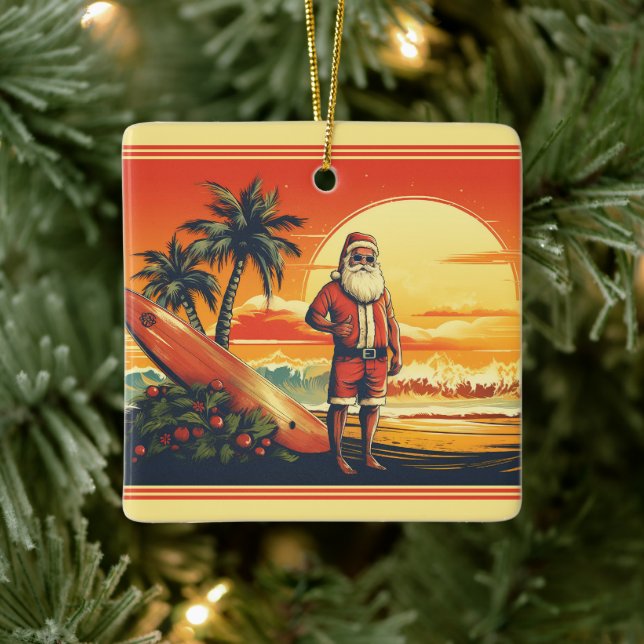 Ornamento De Cerâmica Papais noeis personalizados surfing Retro Beach Ch (Árvore)