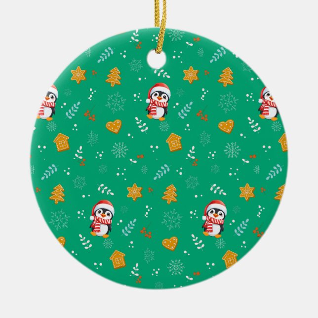 Ornamento De Cerâmica Papais noeis Pinguins Feliz Padrão de Árvore de Na (Frente)