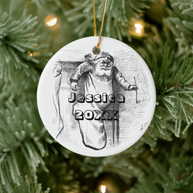 Ornamento De Cerâmica Papais noeis pretos e brancos e sobrenome cerâmico (Árvore)