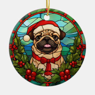 Ornamento De Cerâmica Papais noeis Pug Dog Holly Berry Wreath Natal