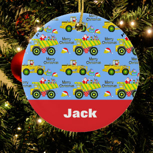 Ornamento De Cerâmica Papais noeis Que Andam Em Caminhão De Bomba E Azul