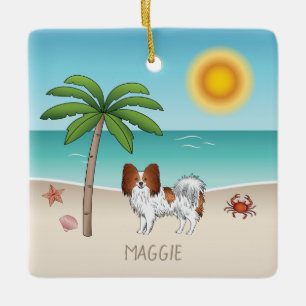 Ornamento De Cerâmica Paparico de Cão Papillon Vermelho e Branco Praia d