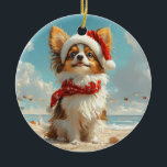 Ornamento De Cerâmica Papillon Dog Christmas Vintage Beach<br><div class="desc">Traga o calor dos feriados para a costa com esta charmosa design inspirada na vintagem, que apresenta um cão festivo sentado numa praia serena. Com um clássico toque de feriado de tons nostálgicos e vibrações costeiras, esta trabalho de arte captura a magia do Natal pelo mar. Perfeito para espalhar alegria...</div>