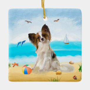Ornamento De Cerâmica Papillon Dog na Praia