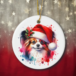 Ornamento De Cerâmica Papillon Dog Personalizado no Natal de Santa Hat