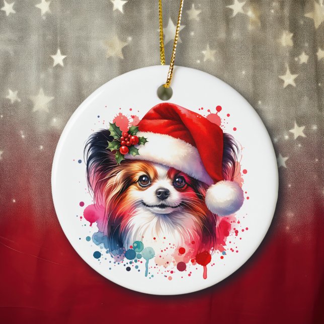 Ornamento De Cerâmica Papillon Dog Personalizado no Natal de Santa Hat (Criador carregado)