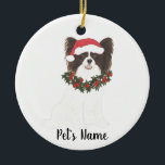 Ornamento De Cerâmica Papillon Personalizado (Preto e Branco)<br><div class="desc">Faça a lista legal este ano com um ornamento personalizado do seu doce papillon elão elfo!</div>