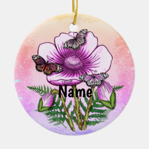 Ornamento De Cerâmica Papoula Rosa Borboleta