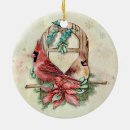 Ornamento De Cerâmica Par dos Cardinais de inverno com Poinsettia