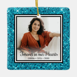 Ornamento De Cerâmica Para Sempre em Nossos Corações Aqua Glitter Memori