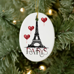 Ornamento De Cerâmica Paris, Eiffel Tower and Red Balloons Christmas