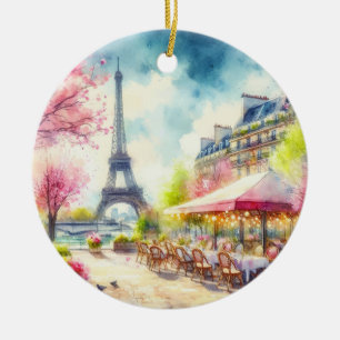 Ornamento De Cerâmica Paris França Eiffel Torre Watercolor Natal
