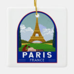 Ornamento De Cerâmica Paris França Retro Viagem Art Vintage<br><div class="desc">Paris retro viagem em estilo emblema. A Torre Eiffel é uma torre de latência de ferro em formas na Champ de Mars em Paris,  França.</div>